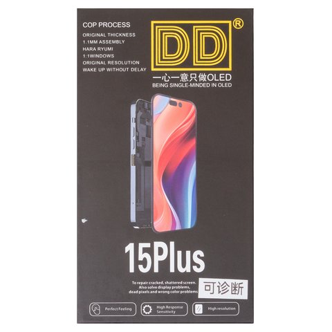 LCD compatible with iPhone 15 Plus, (black, with frame, HC, without error, (OLED), DD-OLED OEM soft, diagnosable) Preview 1