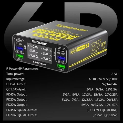 Adaptador de red Mechanic F-Power 6P, 87 W, Quick Charge, Power Delivery (PD), 6 puertos Vista previa  1