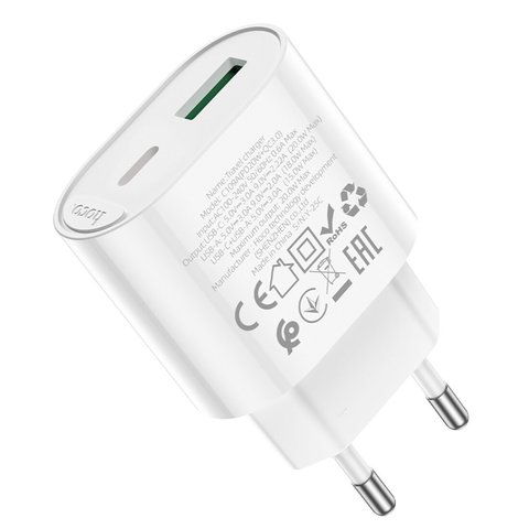 Сетевое зарядное устройство Hoco C109A, 20 Вт, Quick Charge, Power Delivery (PD), белый, 2 порта, #6942007656719 Превью 2